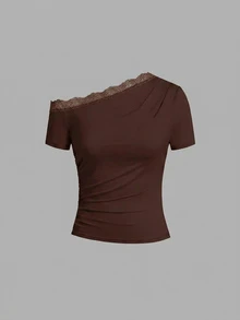 SHEIN Clasi 女款蕾絲拼接單肩修身百搭休閒T恤 - 彩色 - 查看 10