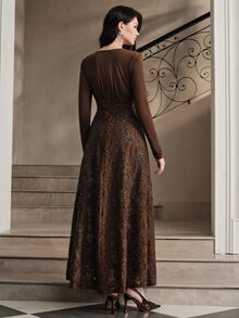 Anewsta Women's Elegant V-Neck Sequin Lace Maxi Dress - Brown - View 7