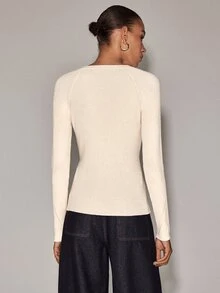 Anewsta Essential Women's Henley Neck Button Detail Long Sleeve Ribbed Knit Top Minimalist Slim Fit Solid Basic Sweater - White - View 2