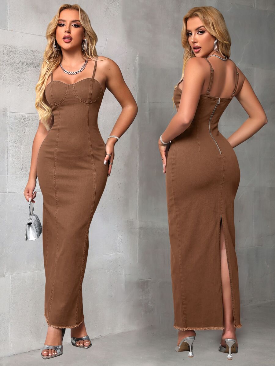 SHEIN SXY 女款性感修身細肩帶牛仔洋裝,後開衩下擺 - 咖啡棕 - 查看 1