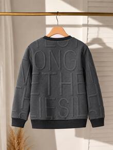 SHEIN 青少年男孩 3D 字母圓領運動衫，寬鬆休閒長袖套頭上衣，紋理風格，春秋款 - 深灰色 - 查看 3