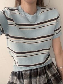 DAZY Women's Korean Style Striped Colorblock Short Sleeve Round Neck Knit Top Fall - Navy Blue - View 4