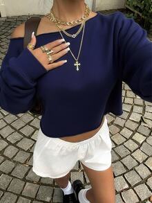 SHEIN EZwear 純色落肩短版運動衫 - 藏蓝色 - 查看 5