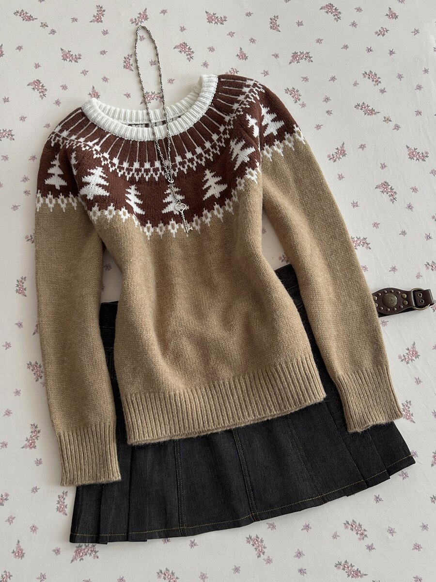 Elamini Sweater Wanita Kerah Bulat Jacquard Motif Pohon Natal Fair Isle Bergaya Vintage - MultiWarna - View 1