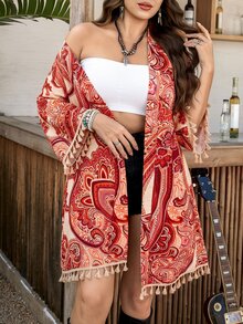 SHEIN LUNE 大尺碼女款花卉印花休閒日常開襟衫 - 紅色 - 查看 7