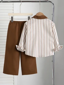 Souflis Children's Spring/Fall/Summer Striped Set Minimalist & Exquisite Fresh & Able Shirt With Black Pony Logo Decoration Suitable For Spring/Summer Daily W - Brown - View 2