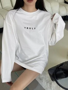 DAZY 女款字母印花休閒百搭長袖T恤，適合日常穿著，秋季寬鬆大尺寸女款T恤 - 白色 - 查看 8