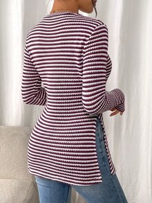 SHEIN Frenchy 女款休閒條紋側開衩T恤，秋季 - 酒紅色 - 查看 2