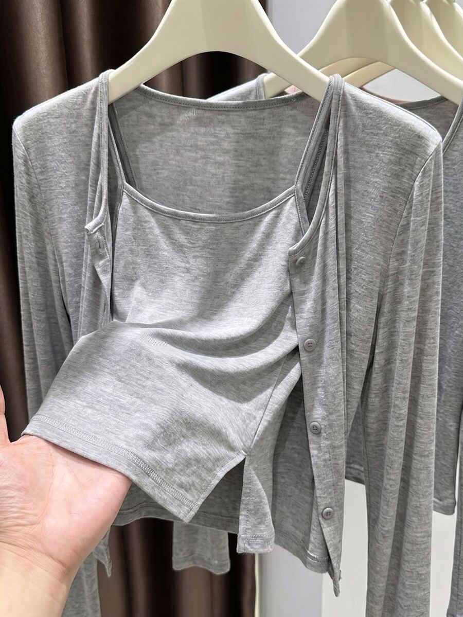INAWLY Women's Autumn Casual Solid Color Camisole & Long Sleeve Top 2pcs Set - Grey - View 1