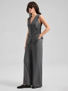 Ontre Women's Gray V-Neck Sleeveless Blazer And Straight-Leg Capri Pants, Urban Fashion Business Casual Office Work Wear, Elegant Commuter Suit Set Summer - Grey - View 4