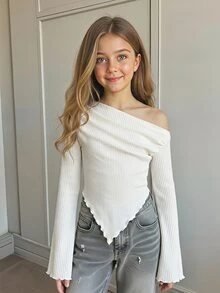 SHEIN 青少年女孩秋冬休閒優雅風針織羅紋不對稱肩褶袖長袖修身T恤上衣，日常穿著 - 米色 - 查看 2