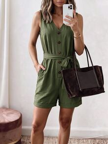 EMERY ROSE Women's Solid Color Waist Knot Casual Daily Wear Romper - Army Green - View 5