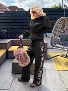 Muchica Letter Print Black Hoodie & Sweatpants Sports Set - Black - View 4