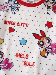 THE POWERPUFF GIRLS X SHEIN 女童字母卡通印花短袖上衣與長褲休閒居家睡衣套裝 - 彩色 - 查看 4