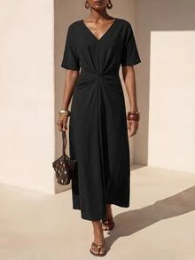 Zivah Spring/Summer New Casual Vacation Solid Color Knot Dress - Black - View 1
