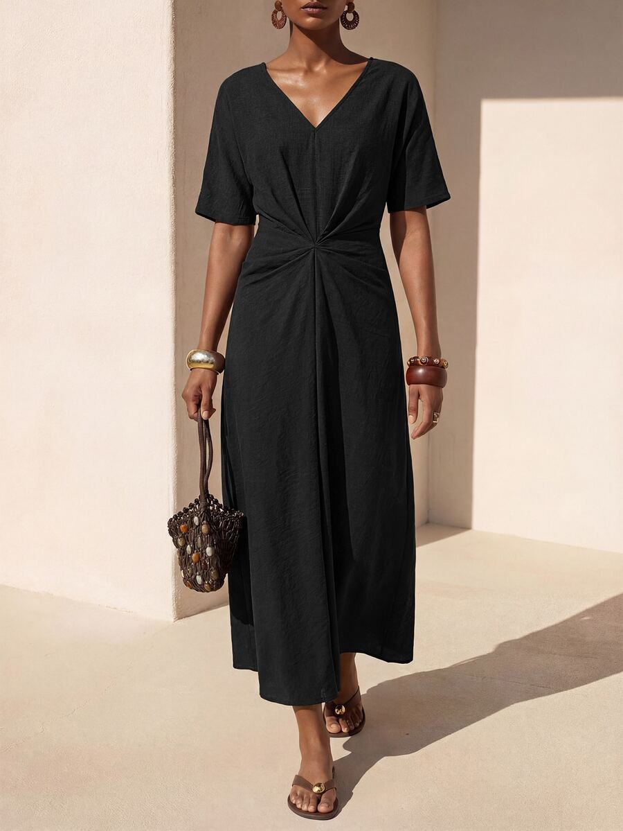 Zivah Spring/Summer New Casual Vacation Solid Color Knot Dress - Black - View 1