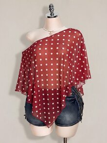 SHEIN ICON 女款大尺碼波點網紗不對稱上衣 - 紅色 - 查看 6