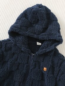 SHEIN Young Boy Decorative Woven Kids Label Hooded Long Sleeve Winter Jacket, Thermal Lined Thick - Navy Blue - View 3