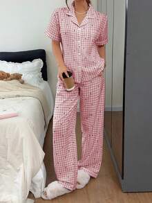 Dream Adore Bubble Crinkle Polka Dot Plaid Print Short Sleeve Long Pants Pajama Set - Pink - View 4