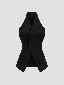 Sunnyshic Elegant New Chinese Style Suit Fabric Chinese Style Frog Button Design Unique Design Early Spring Fashion Minimalist Versatile New Women's Blazer - Black - View 2