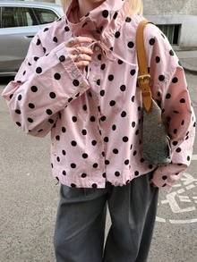 Pariaura Soft Pink Black Polka Dot Stand Collar Tie Waist Short Loose Long Sleeve Shacket - Multicolor - View 1