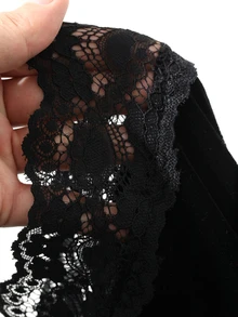 DAZY 女款對比色蕾絲長袖單排扣上衣與長褲居家服套裝 - 黑色 - 查看 8