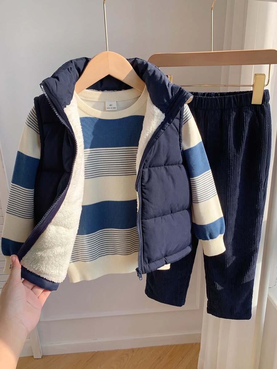SHEIN 3pcs/Set Young Boy Autumn/Winter Cute Casual Versatile Fleece Lined Thick Vest Jacket, Khaki Striped Sweatshirt, Tracksuit Joggers Long Pants, Suitable For Indoor, Outdoor, Daily, Sports, Play, Party, Photo, Vacation, Holiday - Navy Blue - View 1
