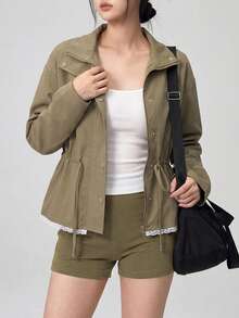 DAZY Lace Trim Drawstring Waist Sports Jacket Fall - Olive Green - View 6