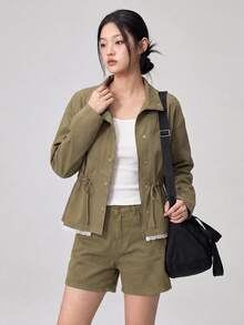 DAZY Lace Trim Drawstring Waist Sports Jacket Fall - Olive Green - View 4