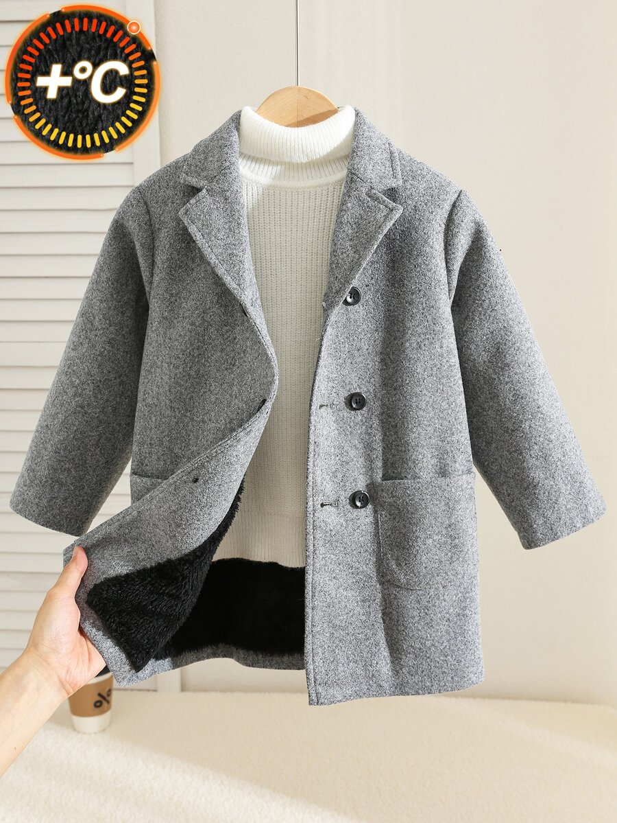 SHEIN معطف طويل متعدد الاستخدامات بأزرار وأكمام طويلة وجيب للأولاد الصغار - رمادي - مشاهدة 1