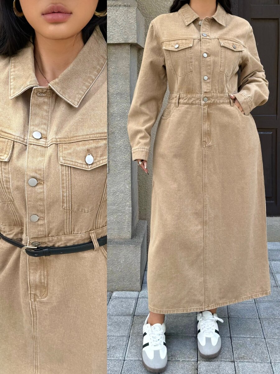 Rivivi Plus Size Women's Khaki Long Sleeve Slim Fit Flattering Denim Dress - Khaki - View 1