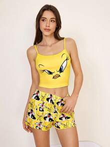 LOONEY TUNES X SHEIN 女款細肩帶上衣與短褲睡衣套裝 - 黃色 - 查看 3