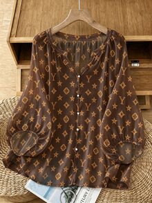 SHEIN LUNE CURVE 復古V領燈籠袖度假風寬鬆休閒大尺碼女款襯衫 - 咖啡棕 - 查看 1