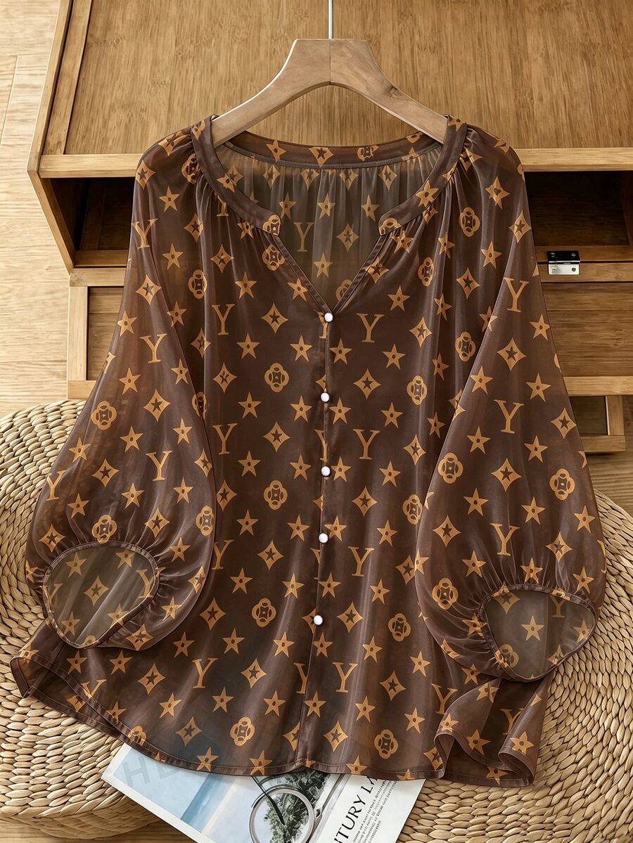 SHEIN LUNE CURVE 復古V領燈籠袖度假風寬鬆休閒大尺碼女款襯衫 - 咖啡棕 - 查看 1