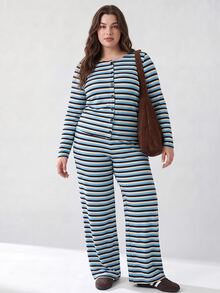Solavibe Plus Size White Stripe Knit Set, High Waist Wide Leg Pants For Autumn Travel Date Formal Office Vacation, Matching Two Pieces Set, Casual Tropical - Yellow - View 5