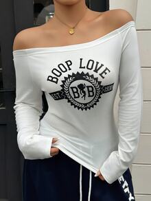 Betty Boop x DAZY Curve Plus Size Letter Print Cold Shoulder Fitted Long Sleeve White Sexy Top T-Shirt Fall Graphic Tees - White - View 9