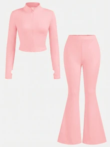 SHEIN Girlism NovaGlow 青少年女孩運動休閒日常針織素色開襟外套與喇叭褲套裝 - 粉色 - 查看 2