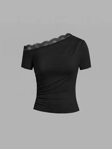 SHEIN Clasi 女款蕾絲拼接單肩修身百搭休閒T恤 - 彩色 - 查看 3