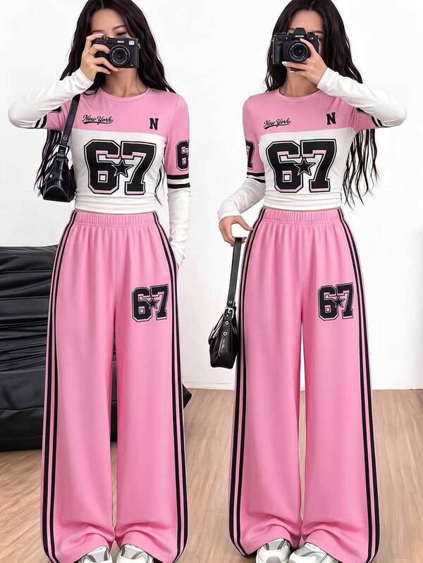 Tween Girls Number 67/Letter Print Long Sleeve T-Shirt + American Style Side Stripe Straight Leg Sweatpants 2 Pieces Set, Round Neck Top + Wide Leg Pants Y2K Style Casual Outfit