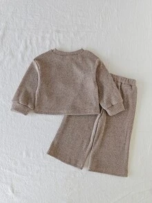SHEIN 2件組女嬰休閒百搭時尚長袖上衣與長褲套裝，適合春、秋、冬日常穿著 - 卡其色 - 查看 3