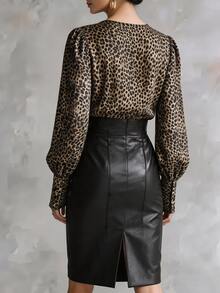 SHEIN Elegant Women's Blouses Leopard Print Puff Long Sleeve Shirts, Ruched Collar, French Vintage Autumn Fall Office Going Out Dinner/Date/Party Beige - Multicolor - View 3