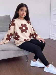 SHEIN 青少年女孩休閒圓領長袖衛衣套裝 - 棕色 - 查看 2