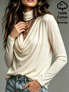 SHEIN Soft Beige-Apricot Micro-Crinkled Textured Knit Fabric Layered High Neck With Large Natural Draped Pleats V-Neck Structure Standard Shoulder Straight Long Sleeve Flat Hem Exquisite Niche Design Long Sleeve Inner Top - Apricot - View 4
