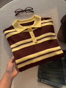 Comfortcana 女款條紋 Polo 領長袖休閒針織衫 - 彩色 - 查看 8