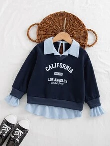 SHEIN 女童字母印花 2 合 1 拼接休閒日常長袖衛衣 - 藏蓝色 - 查看 1
