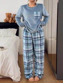 Napfluff Plaid Flannel Long Sleeve Pants Soft Plush Comfortable Pajama Set - Blue - View 4