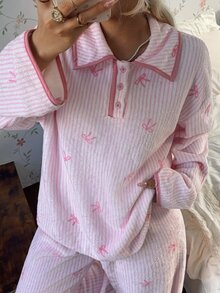 CottageSlumber Set Piyama Wanita Musim Gugur/Dingin, Motif Garis-Garis Mewah, Pita, Trim Blok Warna, Kerah Kancing Setengah - Baby Pink - View 3