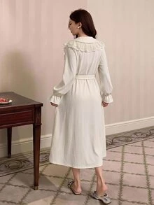 DAZY Women's Lace Patchwork Lapel Tie-Front Long Cardigan Robe Fall - White - View 2
