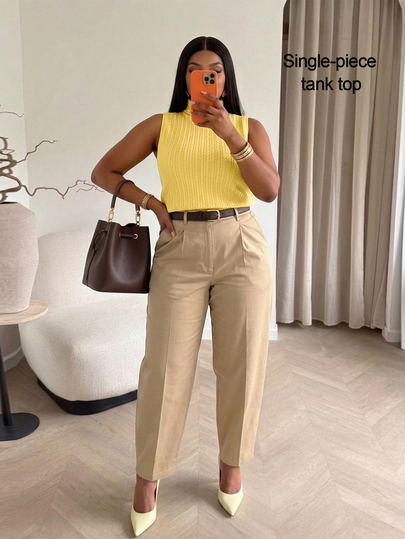 SOLERSUN Plus Size Women's Autumn/Winter Fashion Elegant Casual Vest, High Neck, Fitted Hem, Faux Cable Knit Effect, Ginger Yellow Fabric, Suitable For Daily Wear, Inner/Outer 2-In-1, Home, Shopping, Dating, Back To School Season
