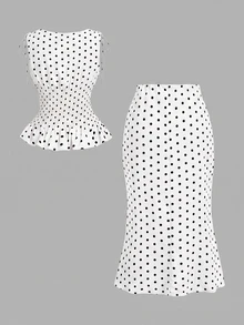SHEIN MOD 女款波點百褶上衣與裙子時尚套裝 - 白色 - 查看 2